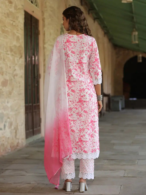 Women Pink & White Floral Printed Pure Cotton Straight Kurta With Printed Trouser and Shaded Doria Dupatta